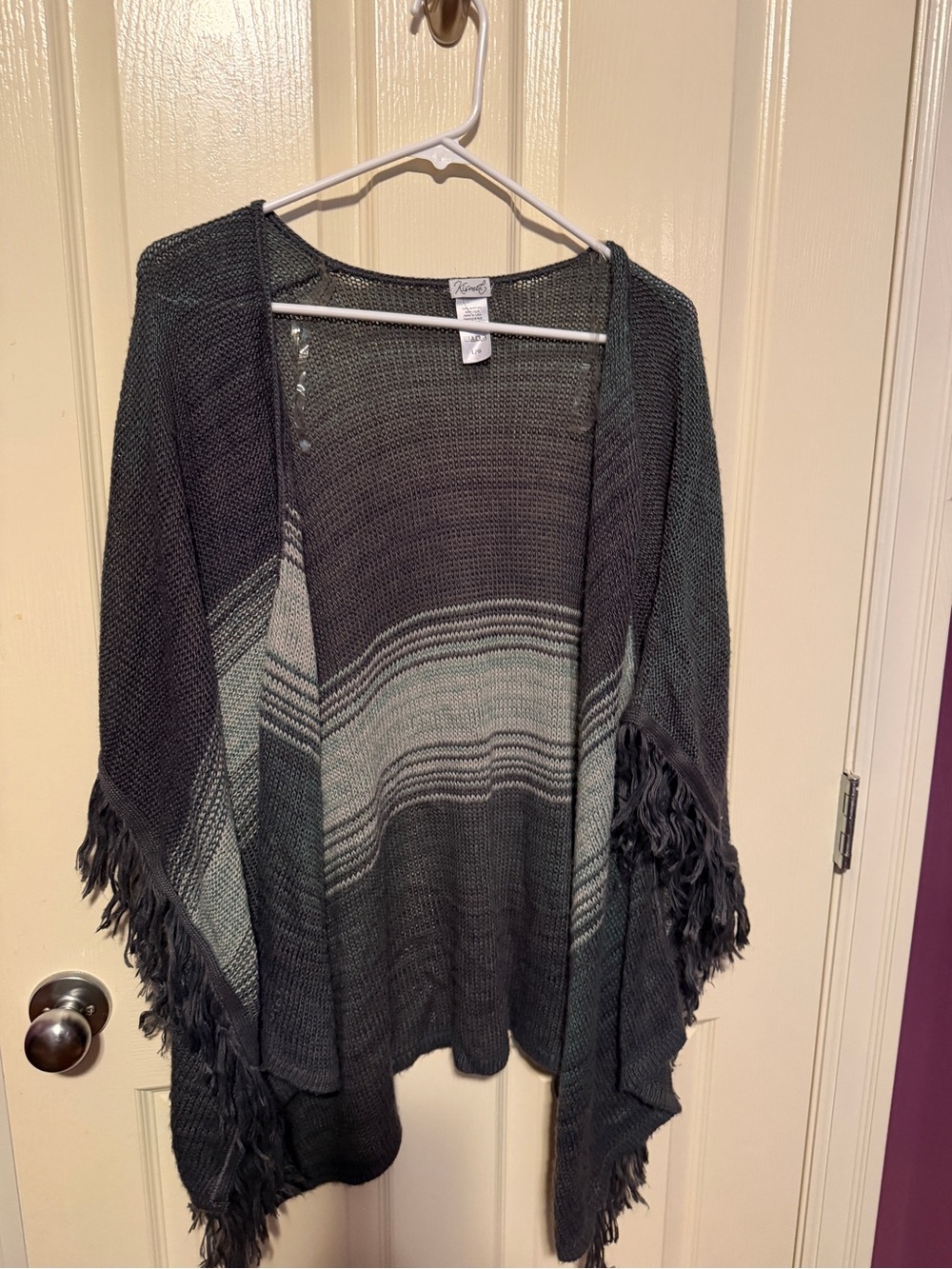 Kismet Fringe Open-Front Knit Poncho in Dark Green and Gray